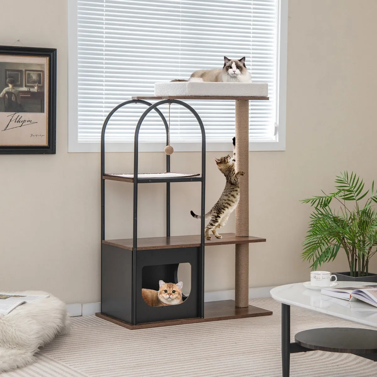 118 cm Tall Cat Tree Tower with Metal Frame-Black