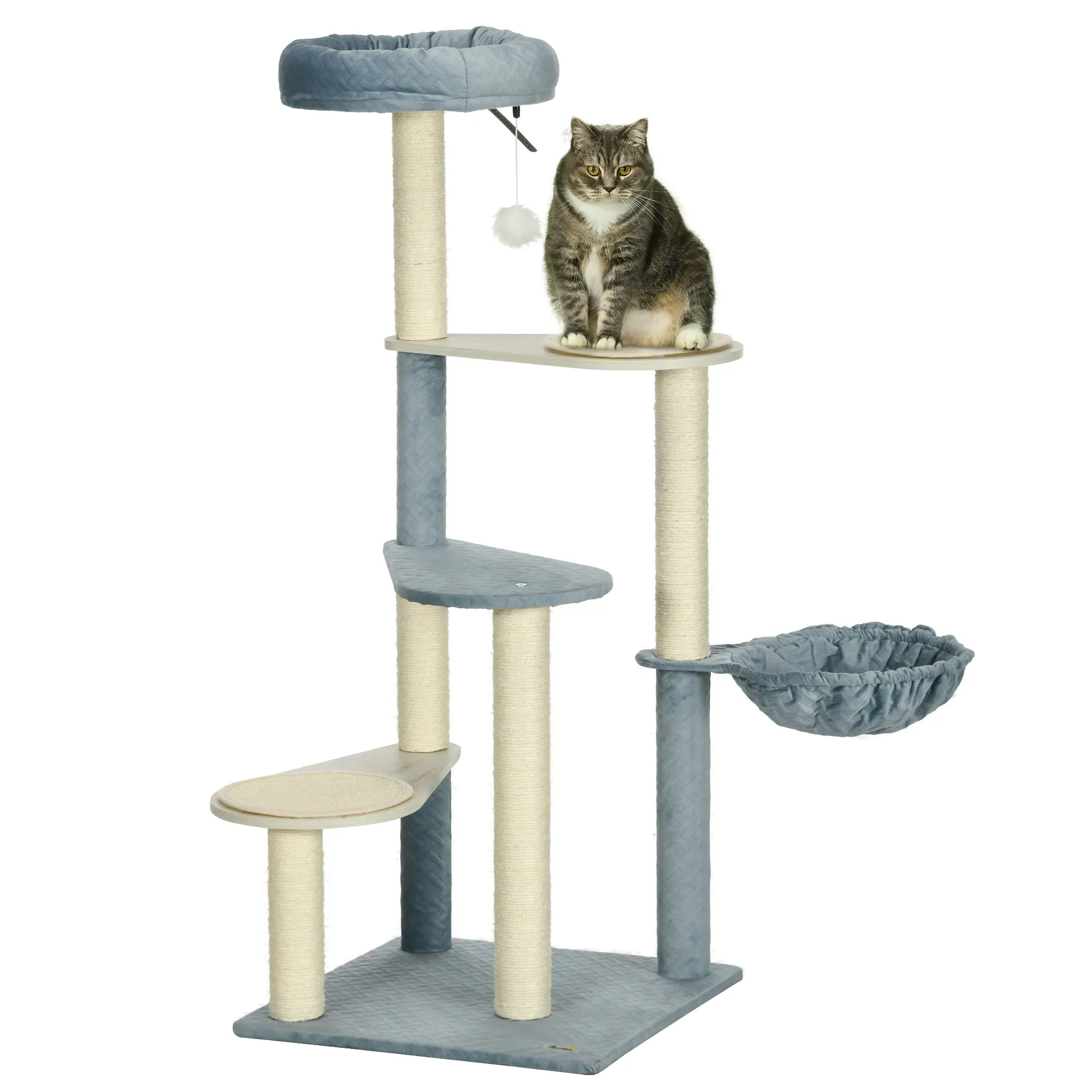 118.5cm Cat Tree for Indoor Cats, Cat Tower with Scratching Posts, Mats, Hammock, Cat Bed, Ball Toy, Grey Blue