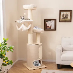 187 cm Tall Wooden Cat Tower Tree with 2-Story Cat Condo-Natural