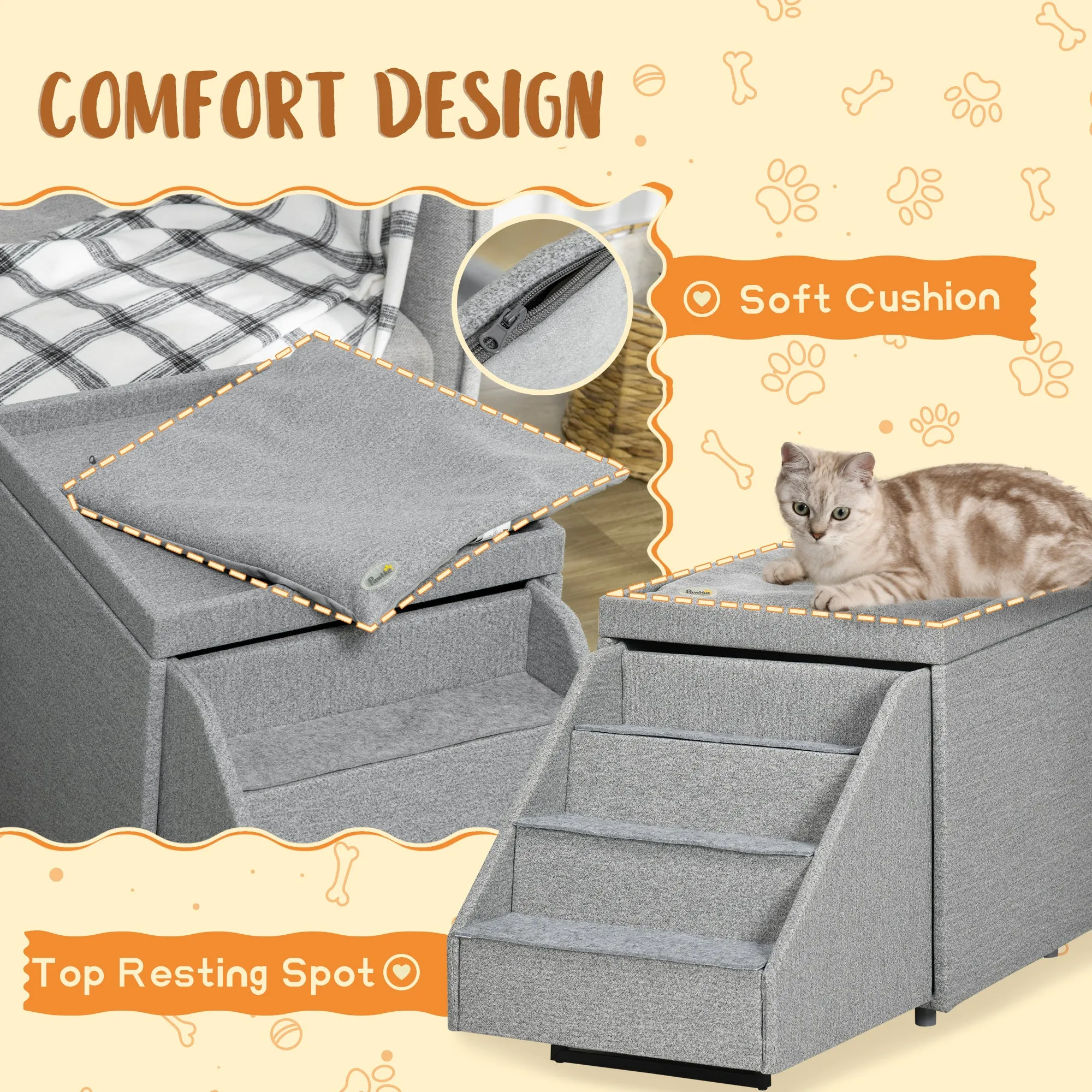 2 in 1 Dog Steps Ottoman, 4-Tier Pet Stairs for Small Medium Dogs and Cats, with Storage Compartment