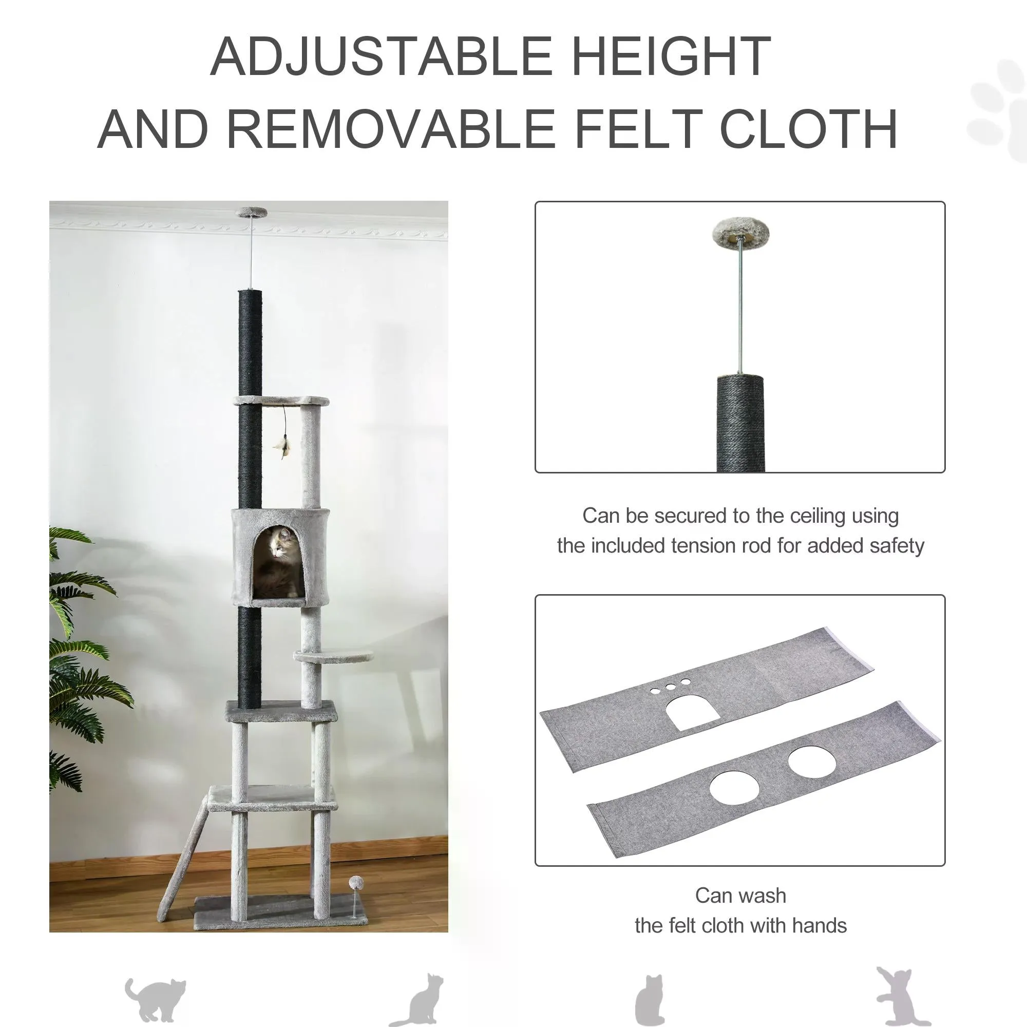 255cm Cat Climbing Tree Adjustable Kitty Activity Center Floor-to-Ceiling Cat Climber Toy with Double Condo Play Rest Post Grey