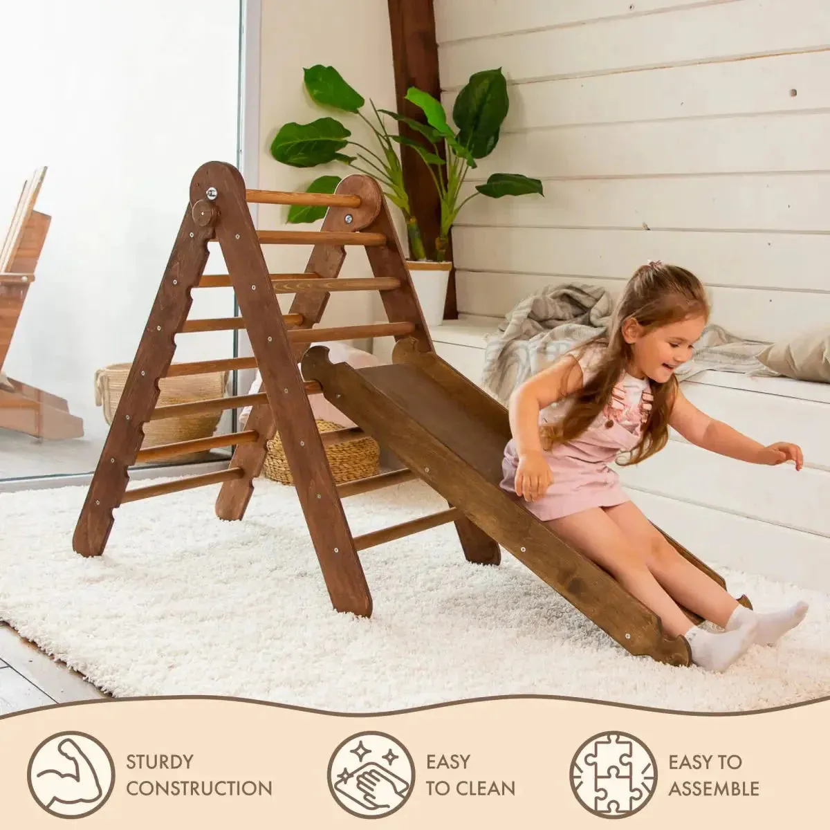 2in1 Montessori Climbing Frame Set: Triangle Ladder   Slide Board/Ramp – Chocolate