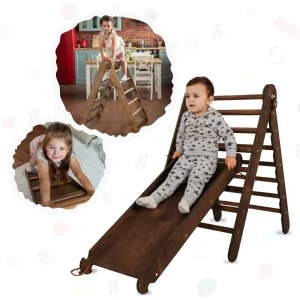 2in1 Montessori Climbing Frame Set: Triangle Ladder   Slide Board/Ramp – Chocolate