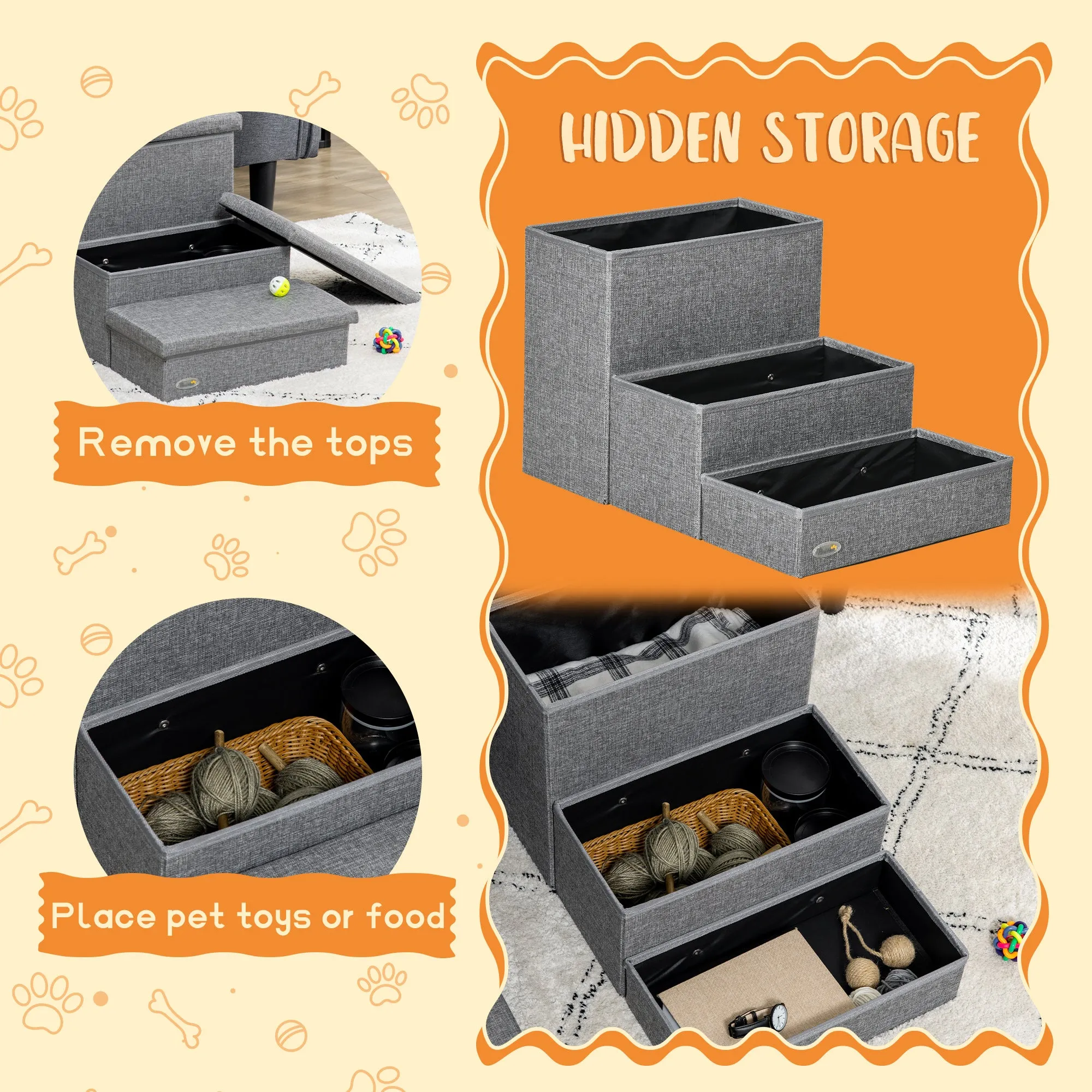 3 Step Dog Steps with Storage Boxes, Cat Stairs for Bed, Pet Ladder for Couch, Sofa - Grey