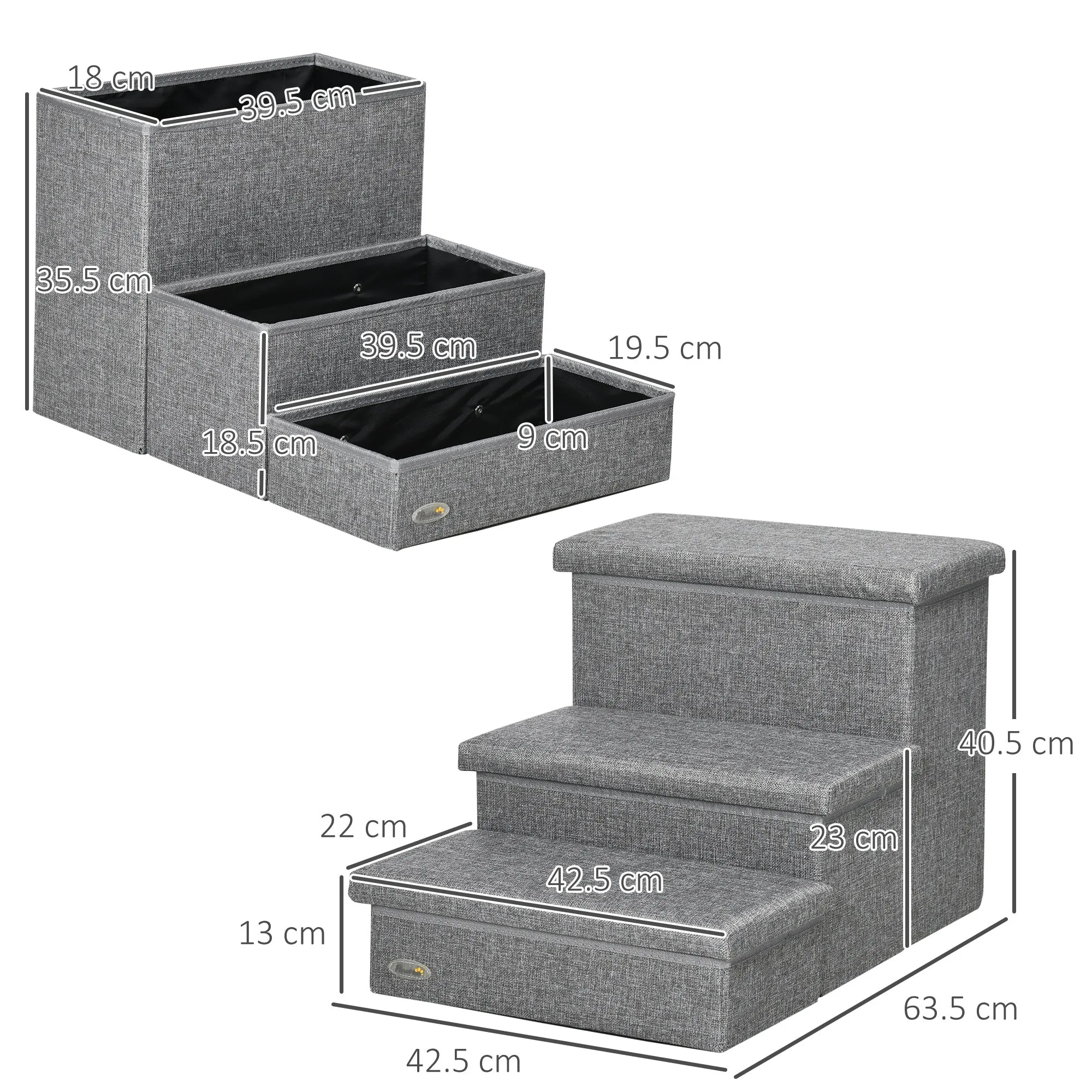 3 Step Dog Steps with Storage Boxes, Cat Stairs for Bed, Pet Ladder for Couch, Sofa - Grey