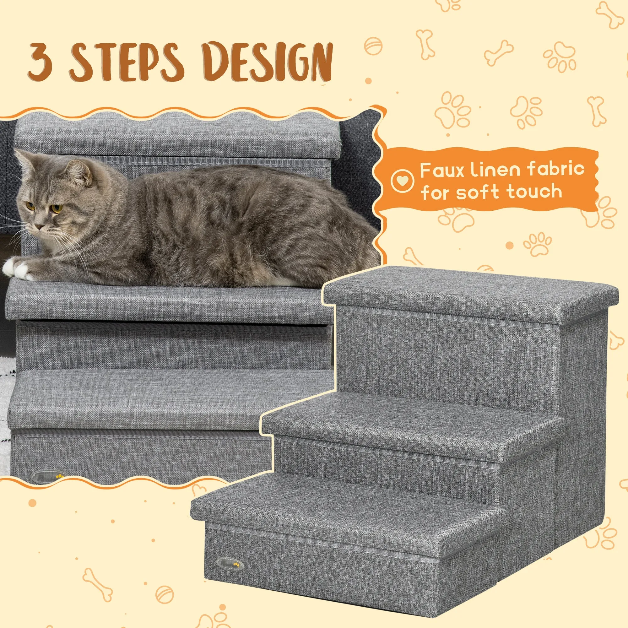 3 Step Dog Steps with Storage Boxes, Cat Stairs for Bed, Pet Ladder for Couch, Sofa - Grey