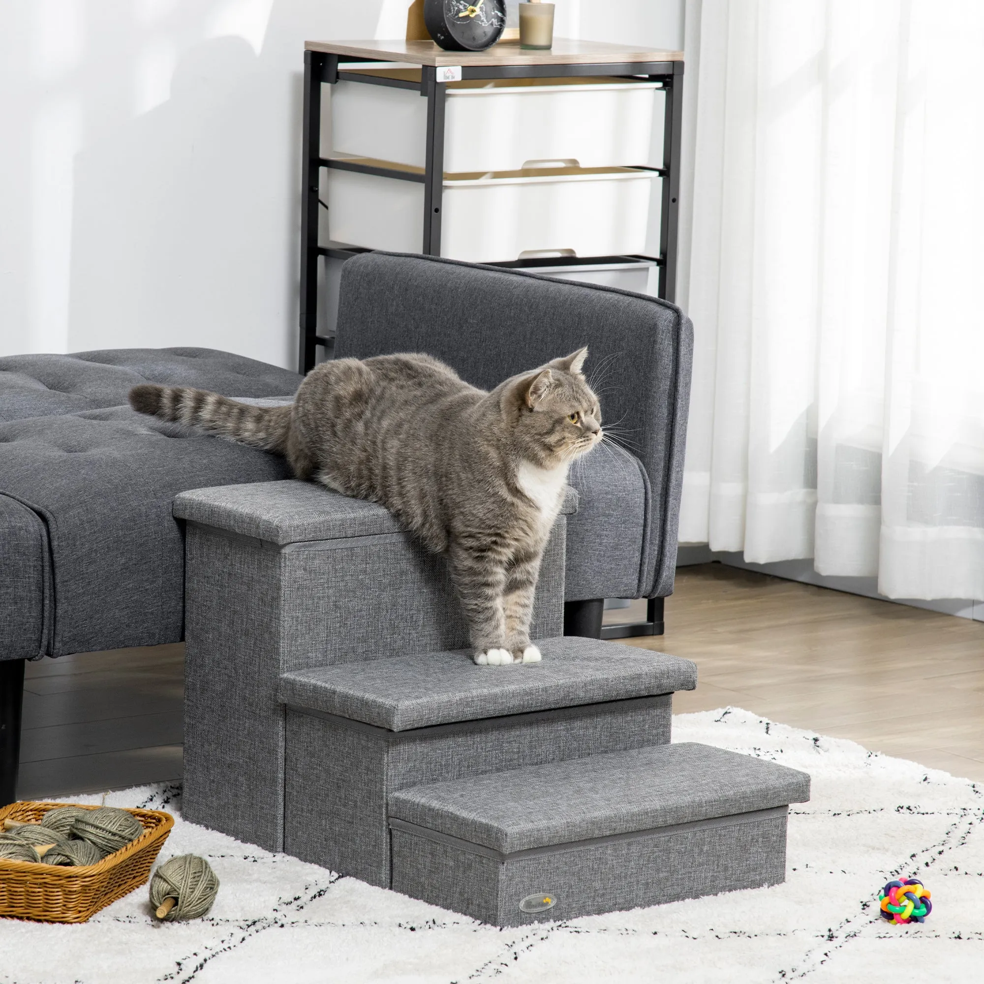 3 Step Dog Steps with Storage Boxes, Cat Stairs for Bed Sofa, Light Grey