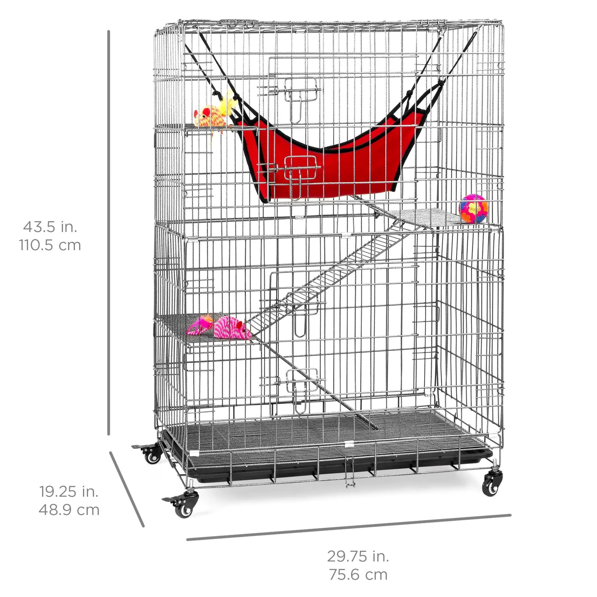 30x19x43in 4-Tier Cat Cage Playpen Crate w/ Hammock, Wheels, Shelves