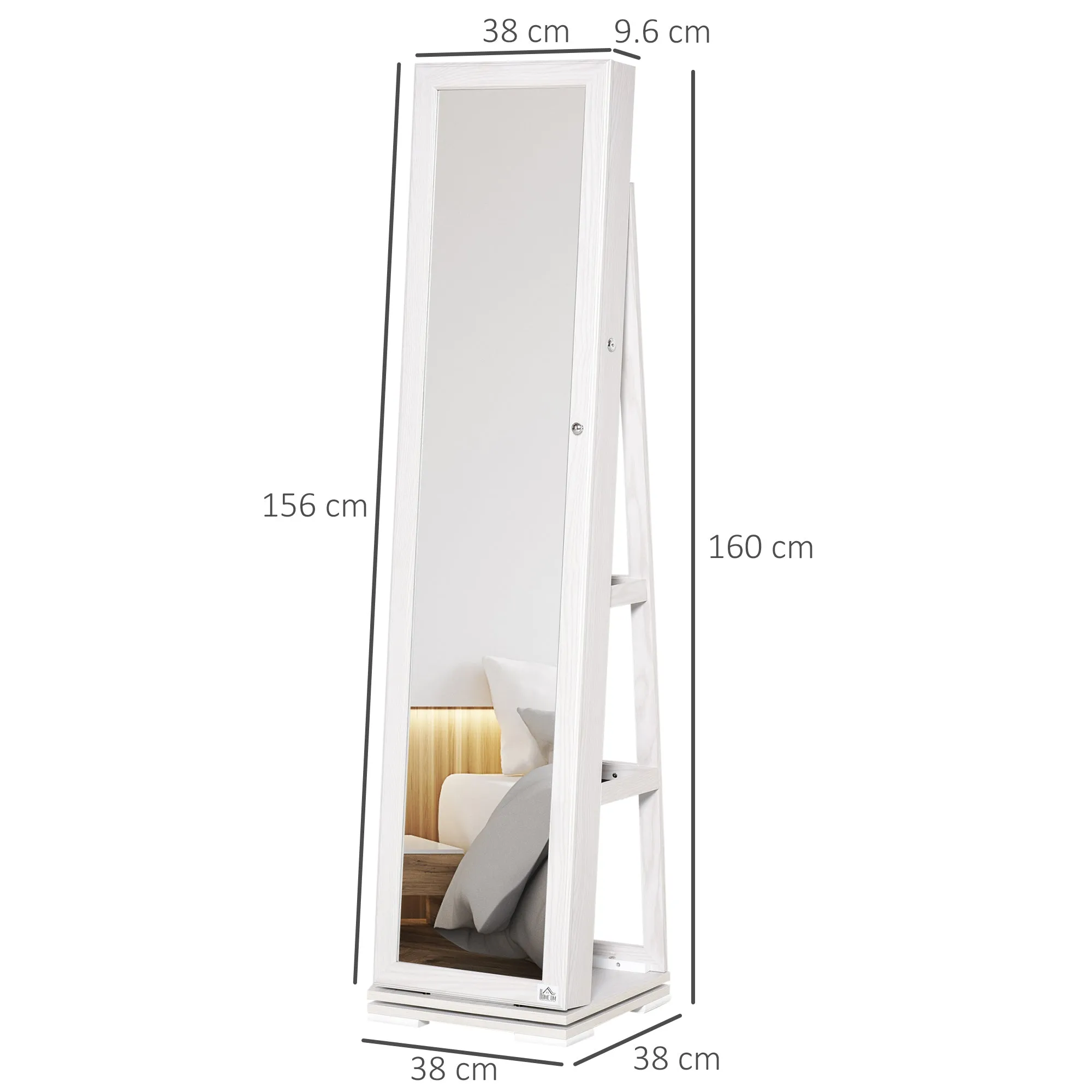 360√Ç¬∞ Swivel Jewellery Cabinet, Mirror Armoire, Full Length Mirror, Lockable Jewellery Organizer with Built-In Small Mirror, White