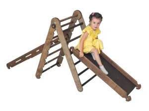 3in1 Montessori Climbing Frame Set: Triangle Ladder   Slide Board/ramp   Net – Chocolate