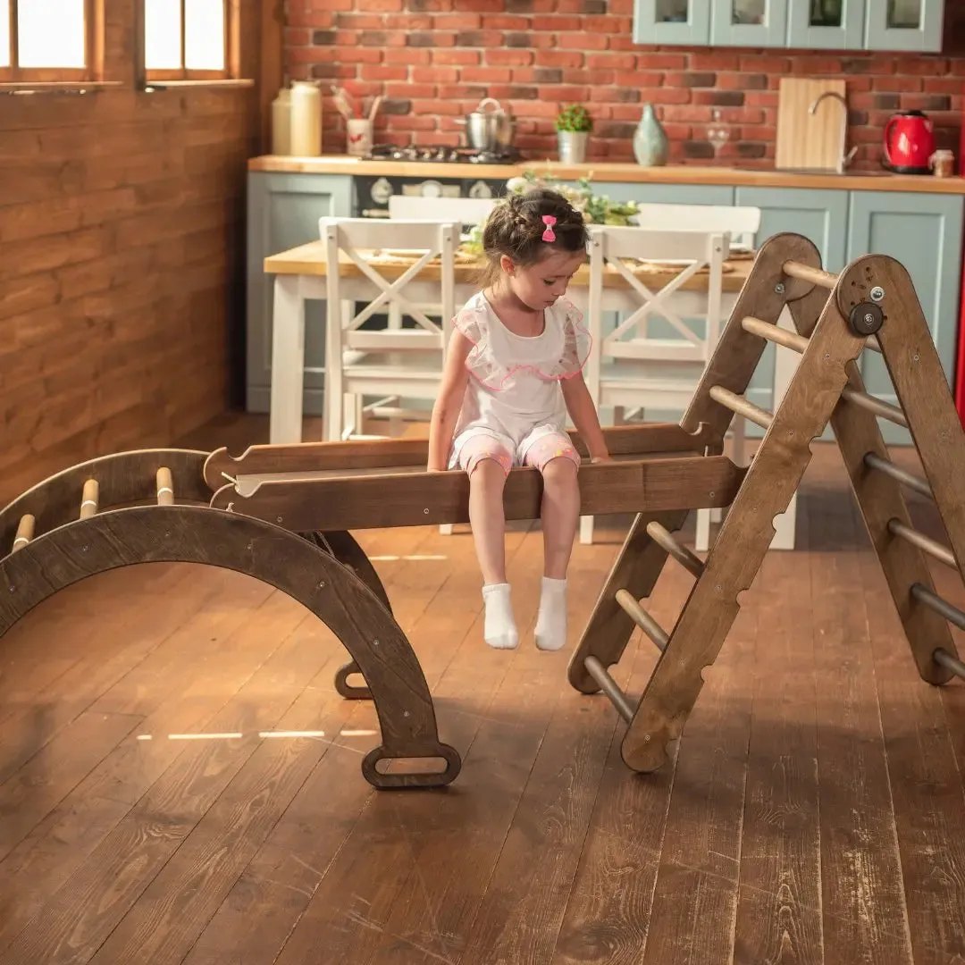 3in1 Montessori Climbing Set: Triangle Ladder   Arch/rocker Balance   Slide Board – Chocolate