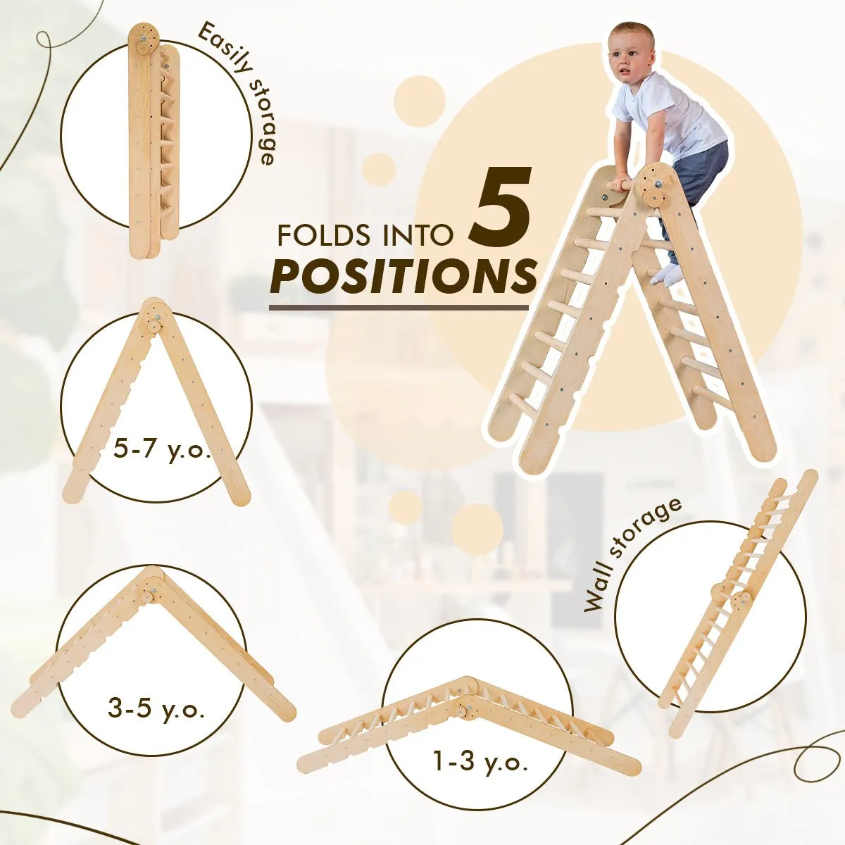 3in1 Montessori Climbing Set: Triangle Ladder   Wooden Arch   Slide Board – Beige New