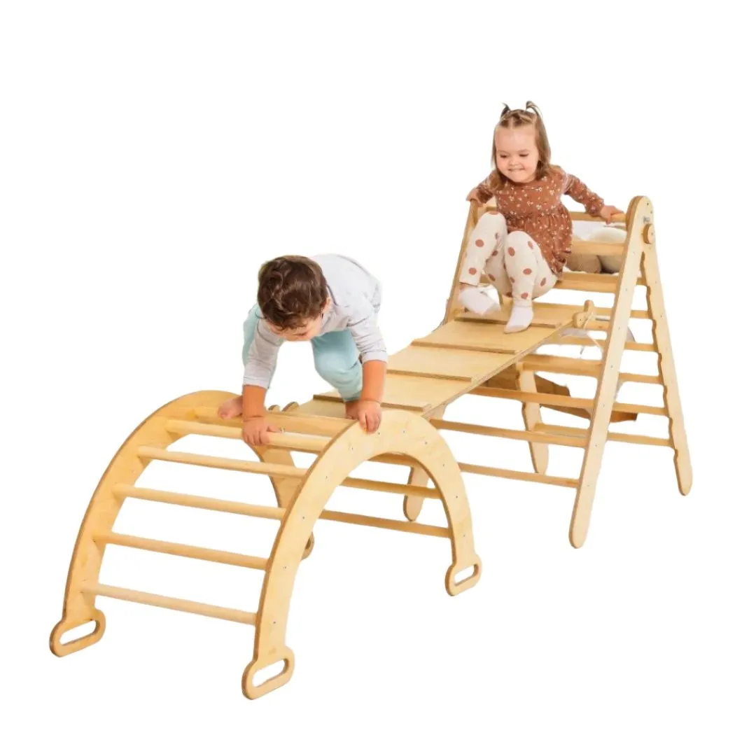 3in1 Montessori Climbing Set: Triangle Ladder   Wooden Arch   Slide Board – Beige New