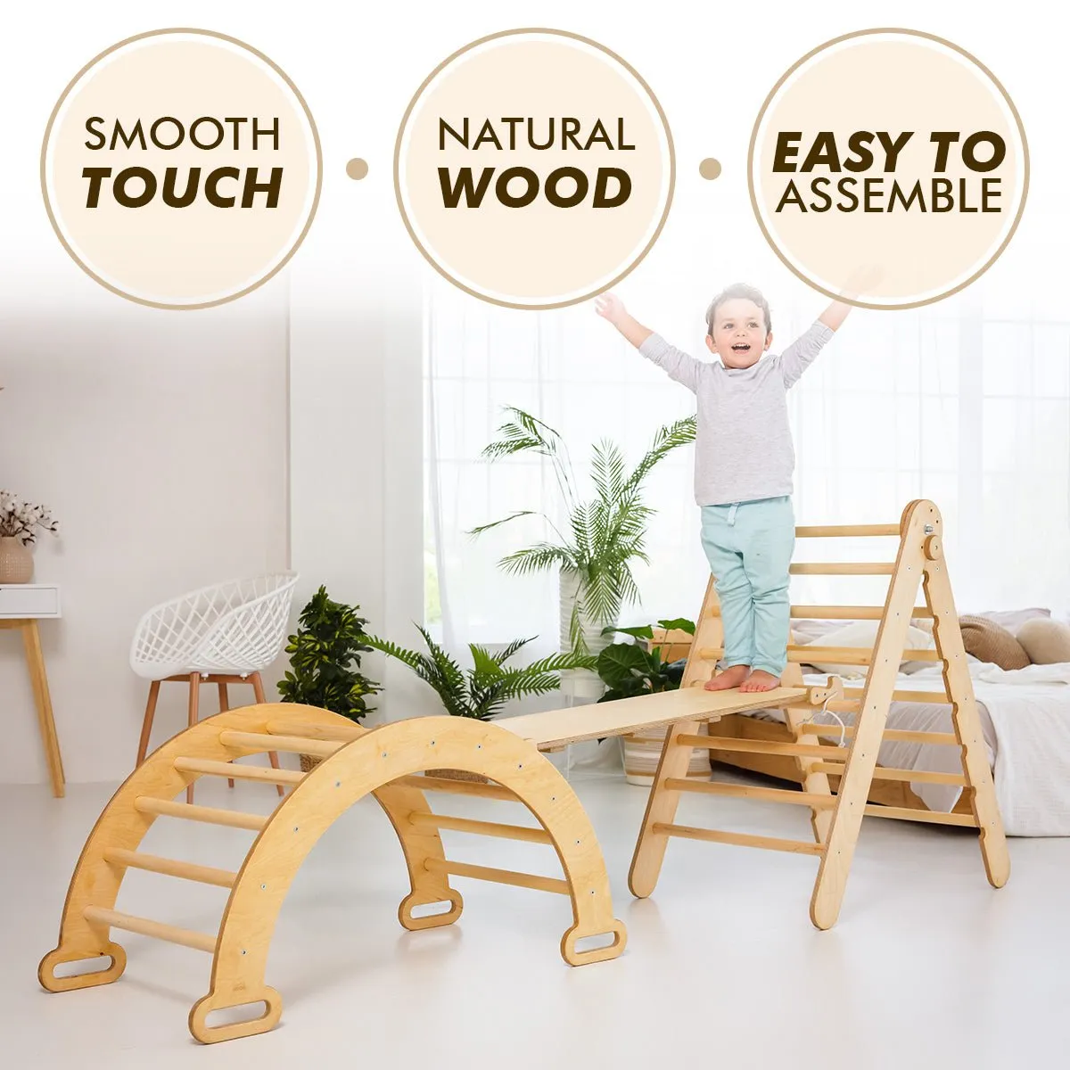 3in1 Montessori Climbing Set: Triangle Ladder   Wooden Arch   Slide Board – Beige New