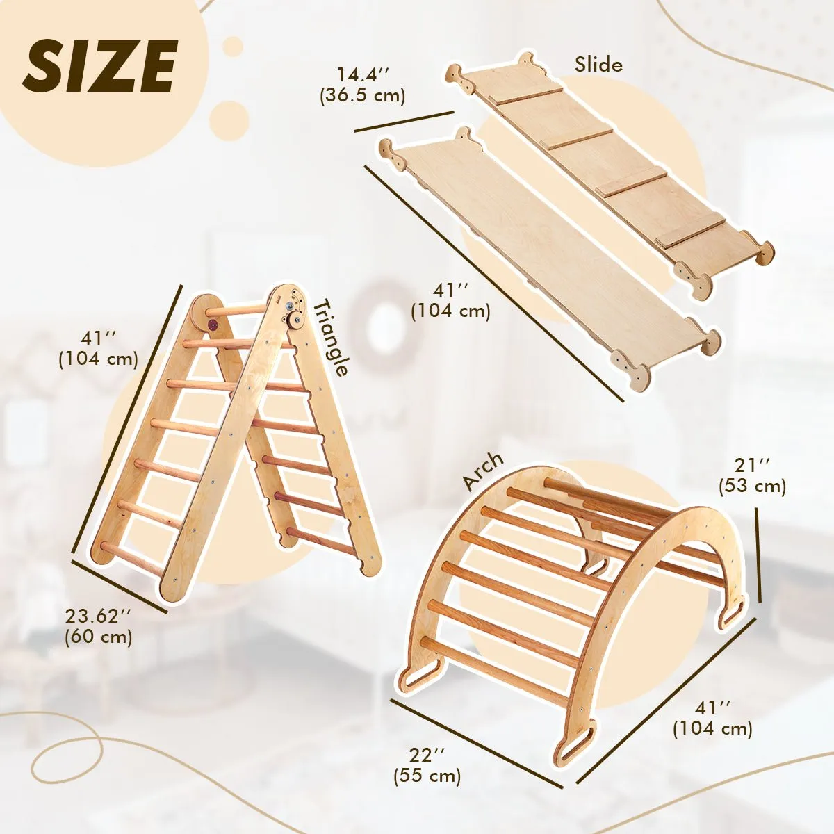 3in1 Montessori Climbing Set: Triangle Ladder   Wooden Arch   Slide Board – Beige New