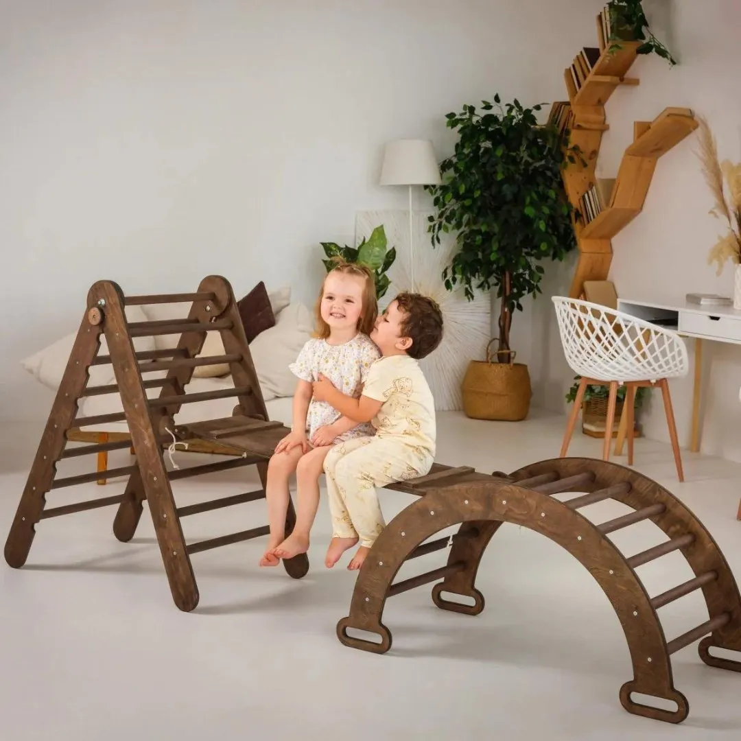 3in1 Montessori Climbing Set: Triangle Ladder   Wooden Arch   Slide Board – Chocolate New