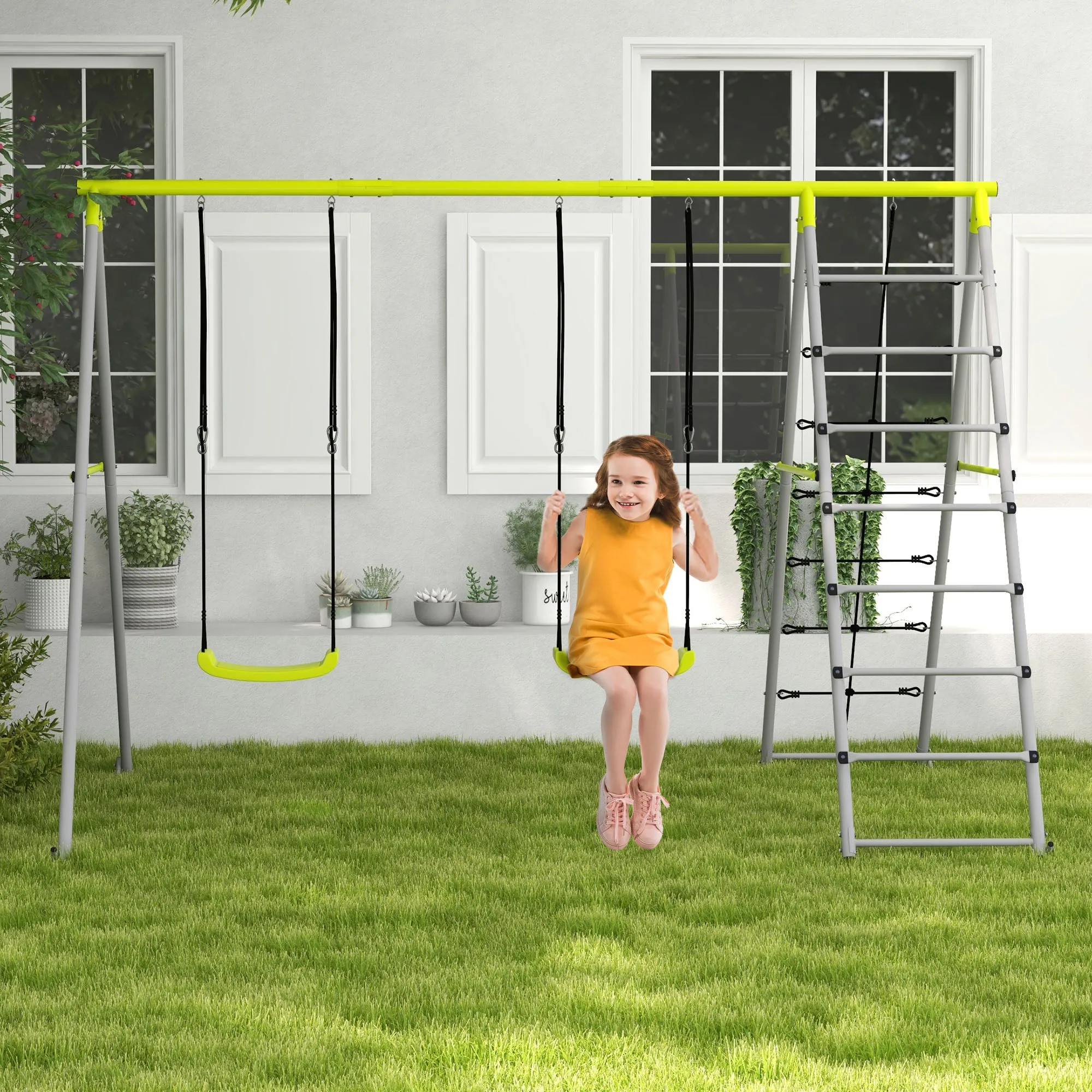 4 in 1 Metal Garden Swing Set with Double Swings Climber Climbing Net Green