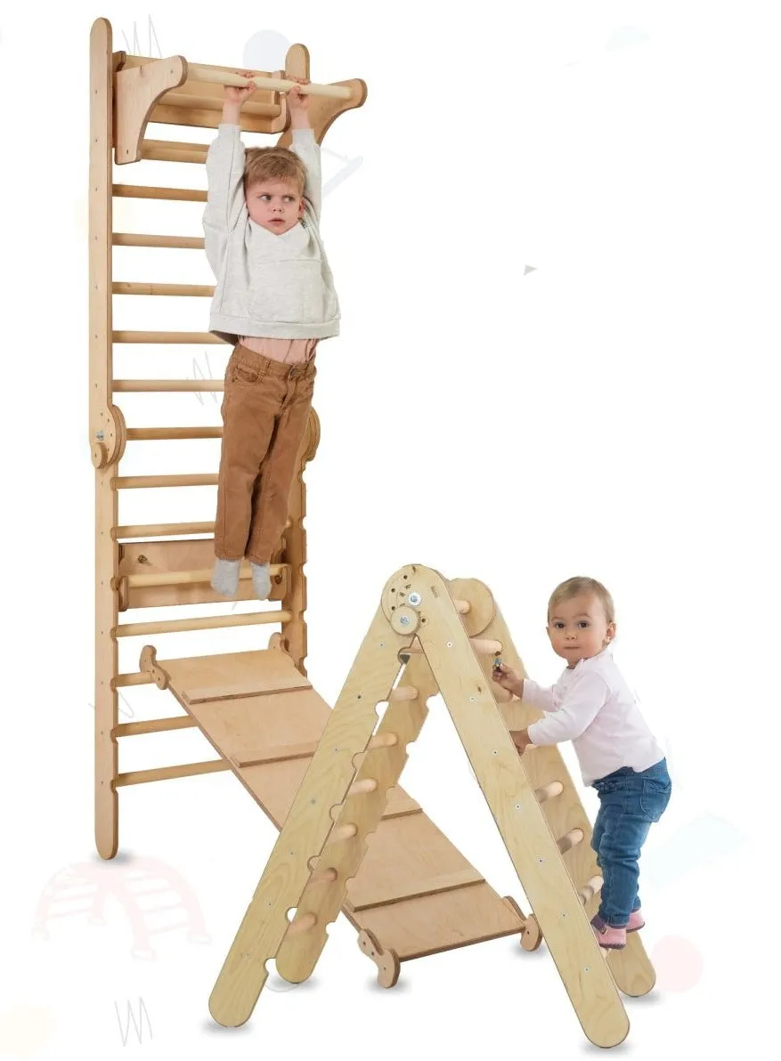 4in1 Climbing Set: Wooden Swedish Wall   Swing Set   Slide Board   Triangle Ladder