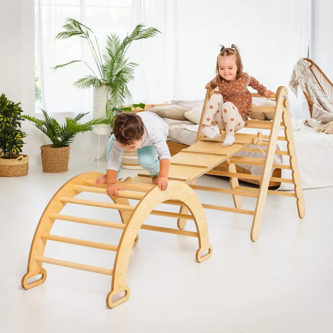 4in1 Montessori Climbing Set: Triangle Ladder   Climbing Arch   Slide Board   Cushion Beige