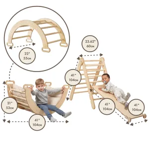 4in1 Montessori Climbing Set: Triangle Ladder   Climbing Arch   Slide Board   Cushion Beige