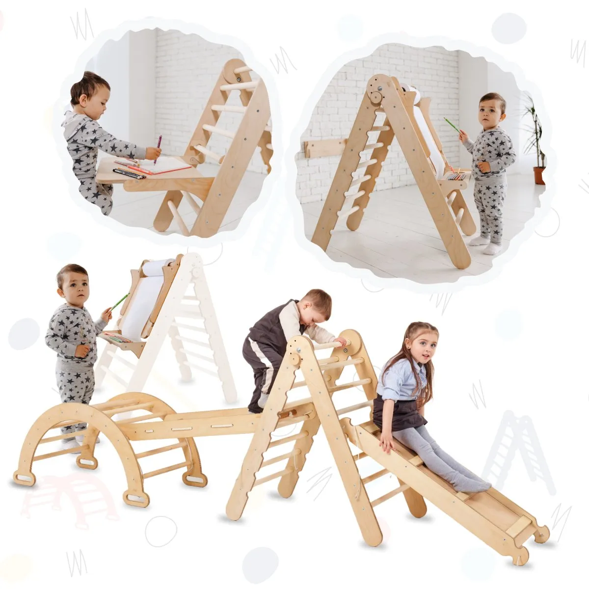 5in1 Montessori Climbing Set: Triangle Ladder   Climbing Arch   Slide Board   Climbing Net   Art Addition