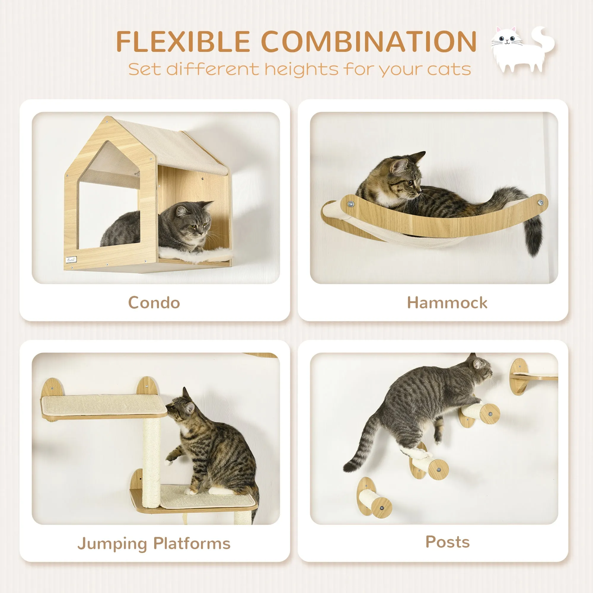 8PCs Cat Shelves Set, Cat Wall Furniture with Condo, 3 Perches, 3 Scratching Posts, Steps, Wall Mounted Cat Tree for Indoor Cats, Beige