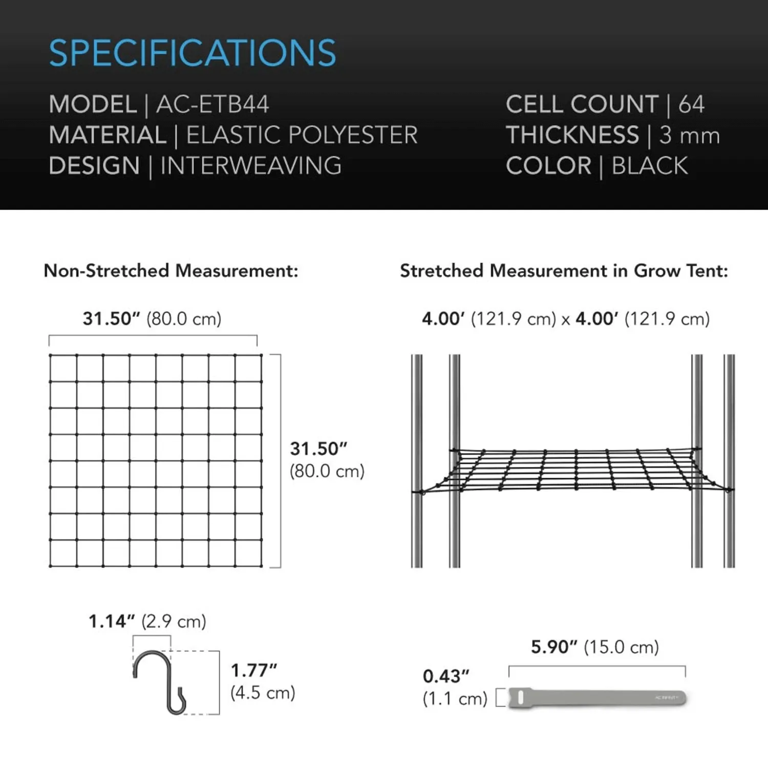 AC Infinity Grow Tent Trellis Netting, Flexible Elastic Cords, 4x4'