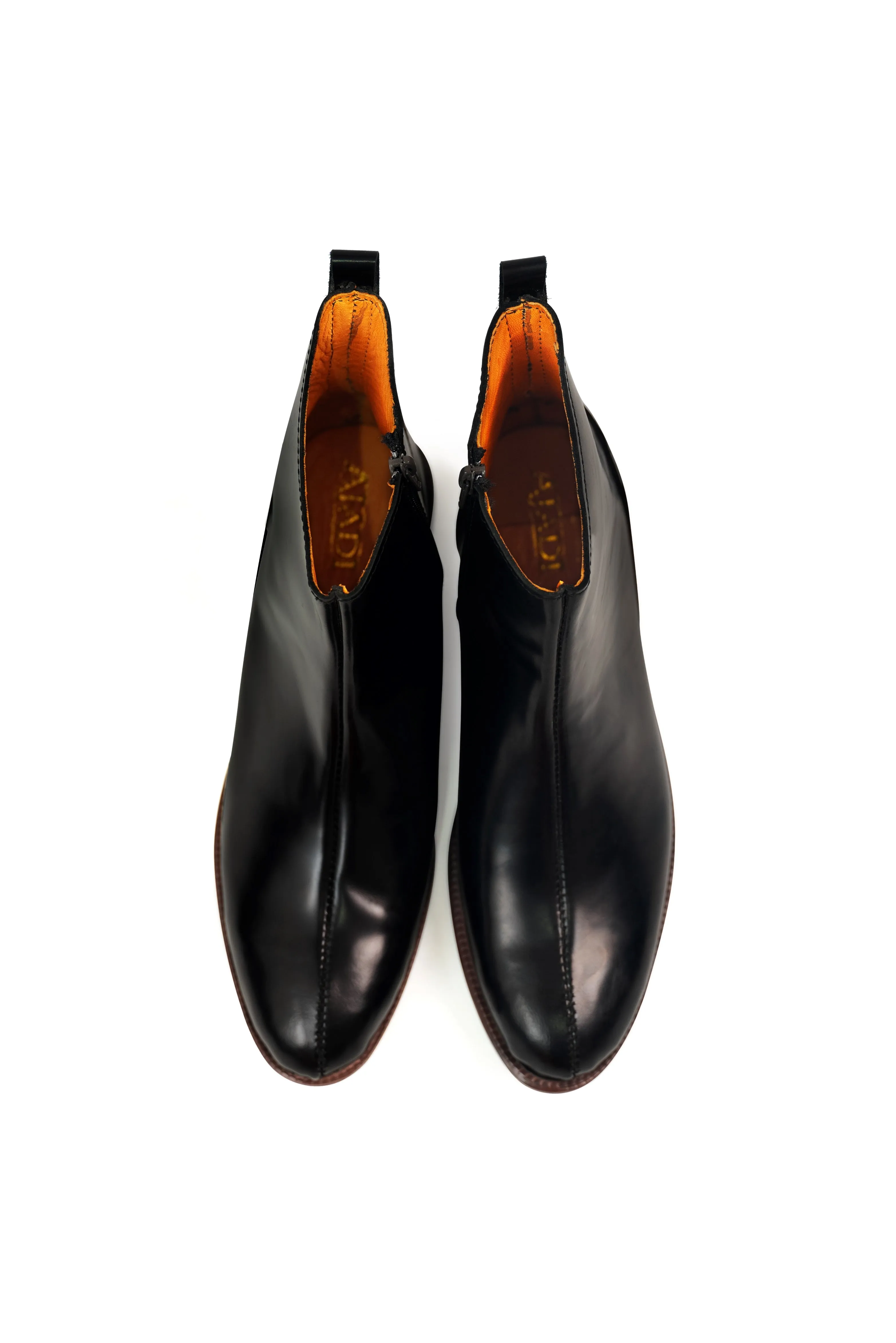 Ajadi Boots in Black Leather with Side Zipper and Brown Leather Soles