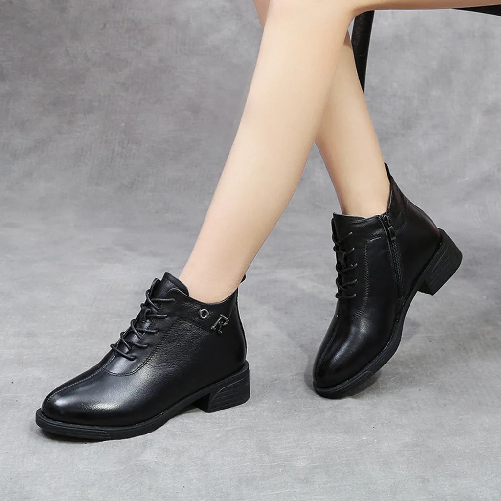 Autumn Winter Leather Thick Women's Black Boots