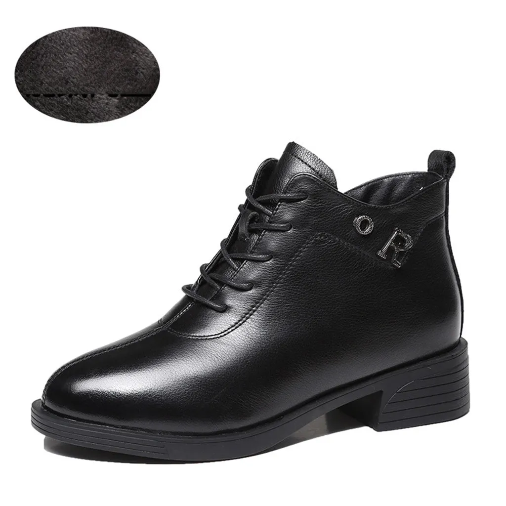 Autumn Winter Leather Thick Women's Black Boots