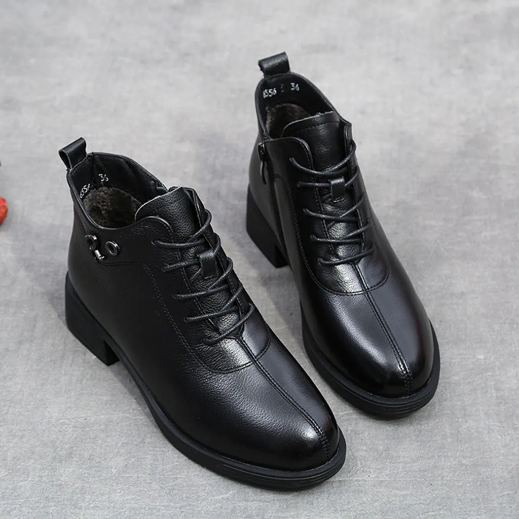 Autumn Winter Leather Thick Women's Black Boots