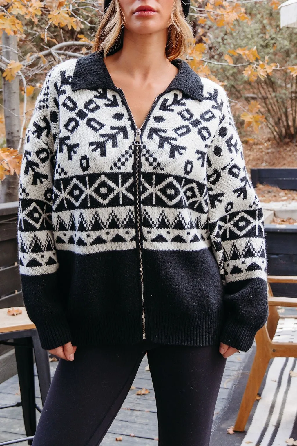 Black Aztec Print Zip Up Sweater Cardigan