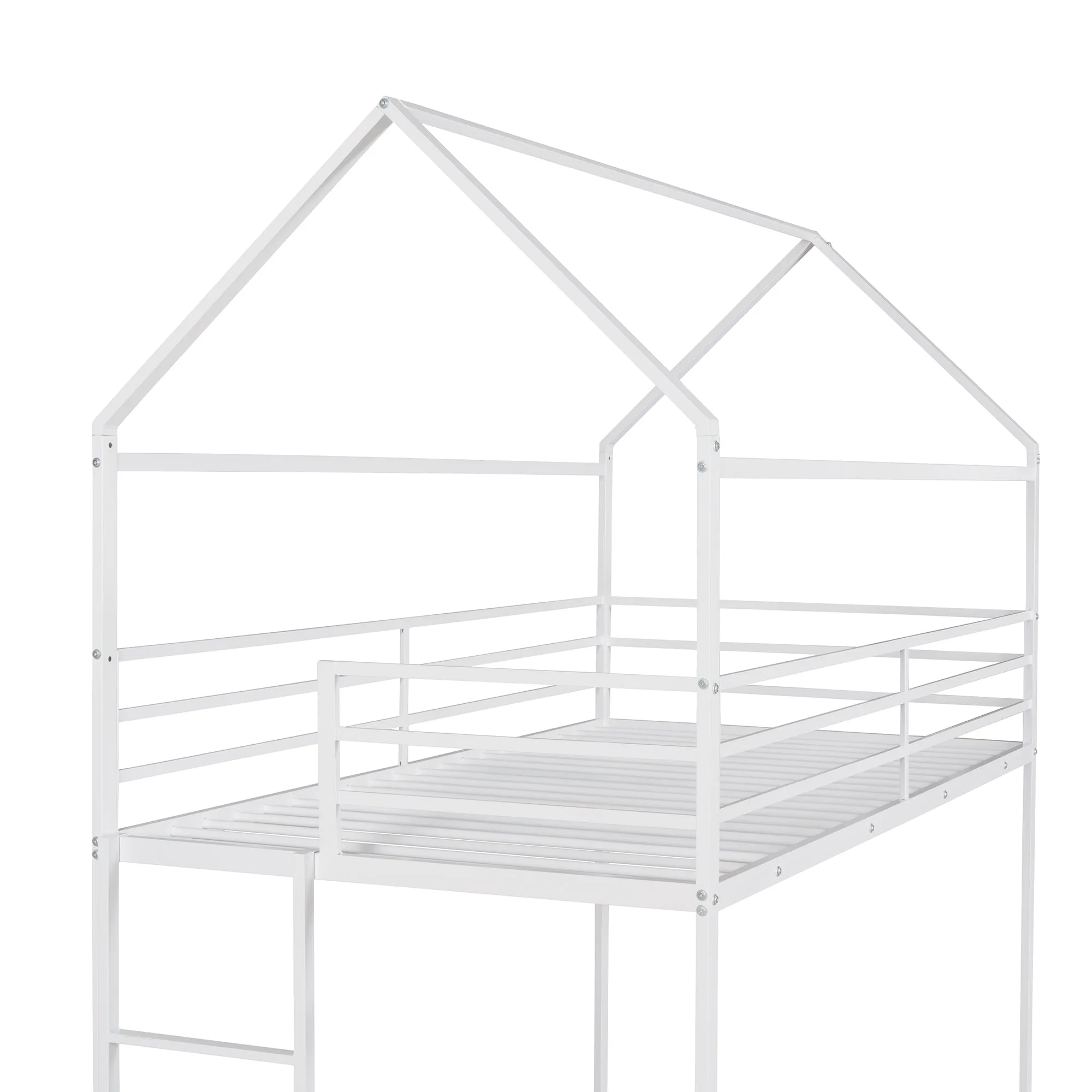 Bunk Beds for Kids Twin over Twin,House Bunk Bed Metal Bed Frame Built-in Ladder,No Box Spring Needed, White