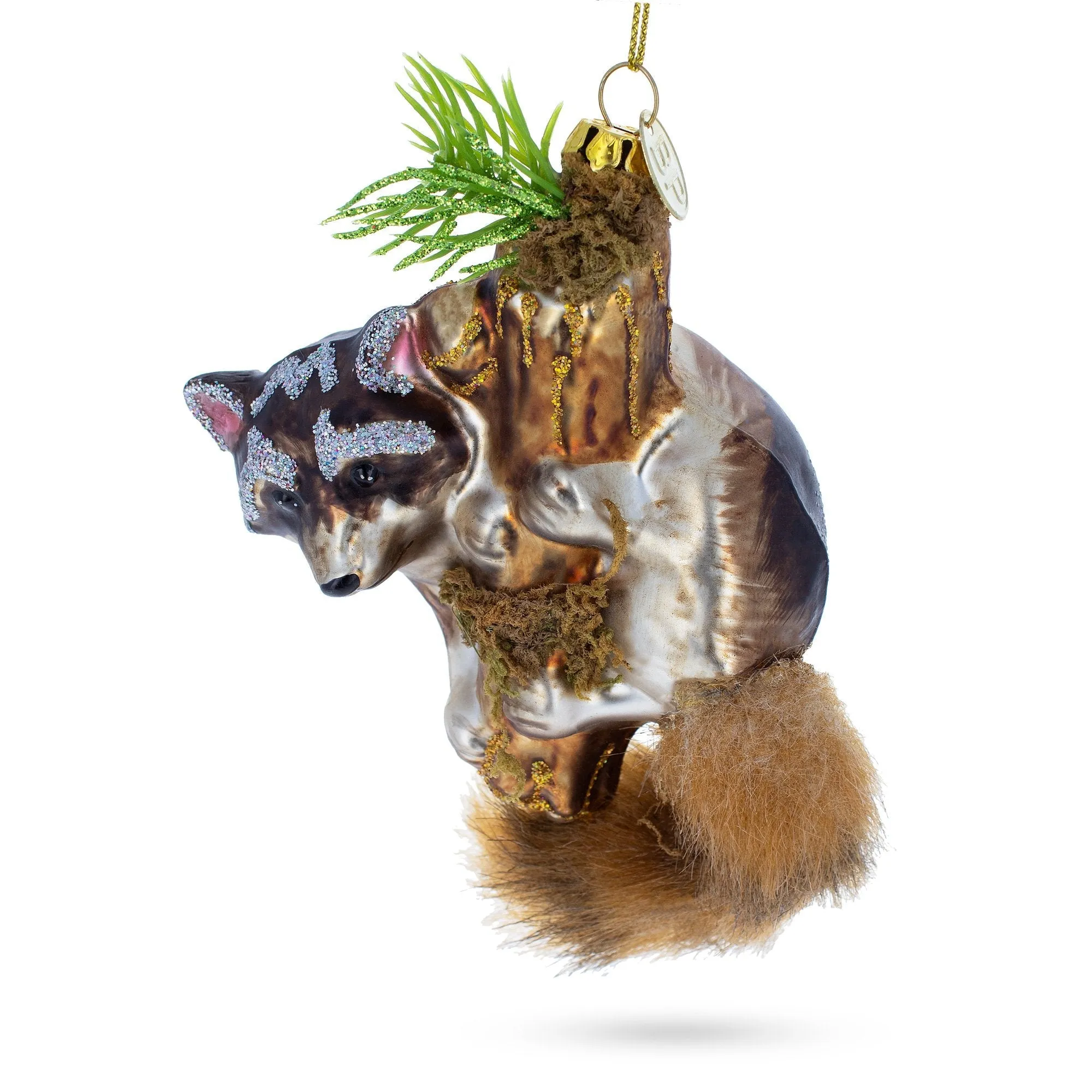 Curious Raccoon Climbing The Tree - Blown Glass Christmas Ornament