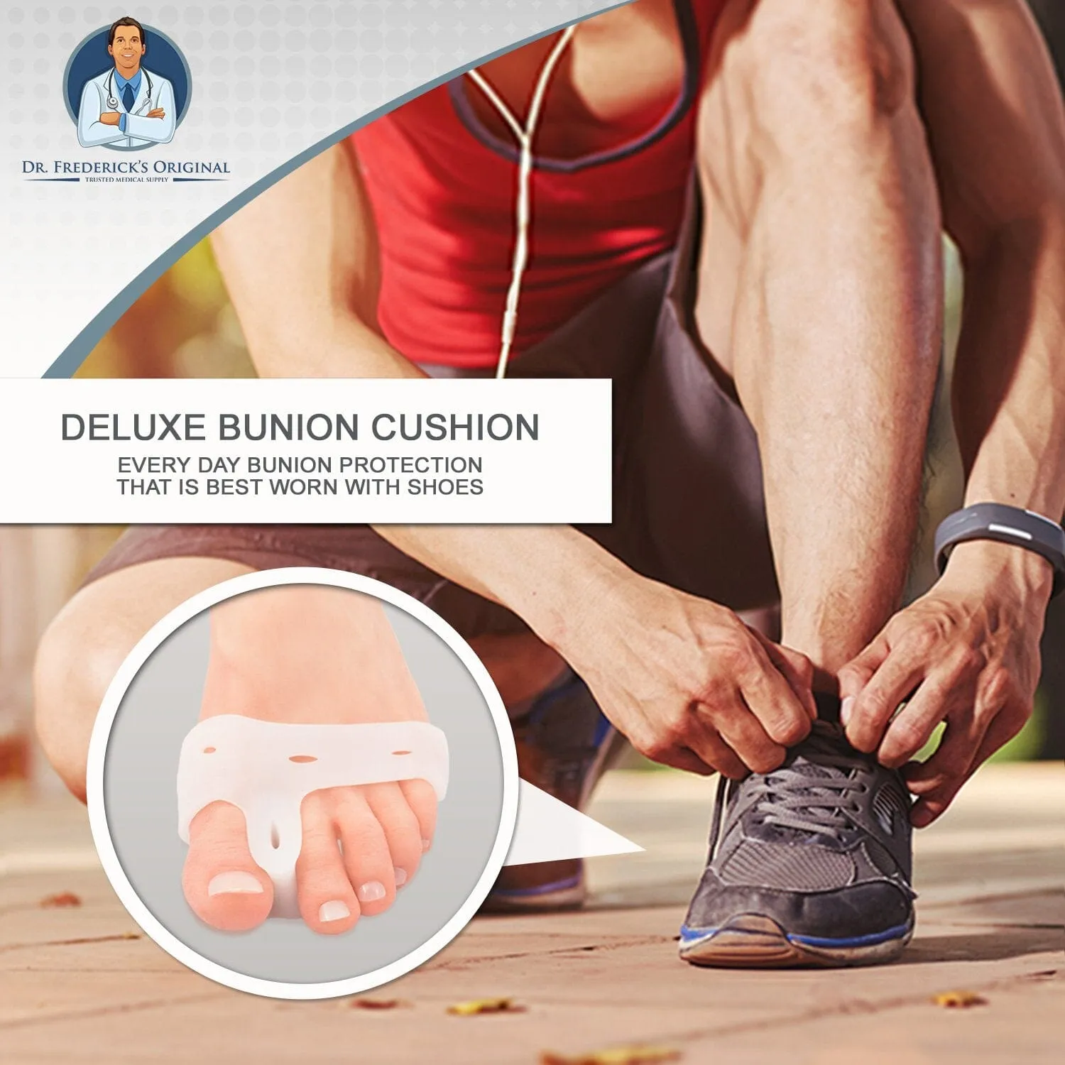 Dr. Frederick's Original Deluxe Bunion Pad & Toe Spacer - 2 Pieces - Soft Gel Toe Separators for Active People - Pain Relief for Bunions & Tailor's Bunions - Heavy Duty