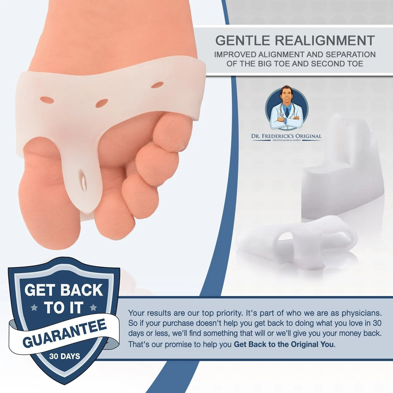 Dr. Frederick's Original Deluxe Bunion Pad & Toe Spacer - 2 Pieces - Soft Gel Toe Separators for Active People - Pain Relief for Bunions & Tailor's Bunions - Heavy Duty