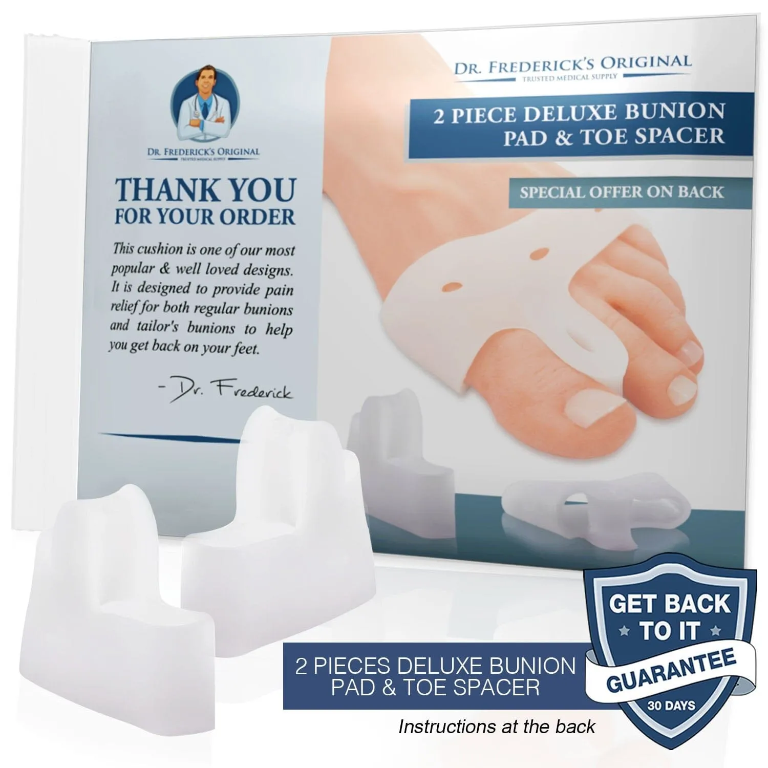 Dr. Frederick's Original Deluxe Bunion Pad & Toe Spacer - 2 Pieces - Soft Gel Toe Separators for Active People - Pain Relief for Bunions & Tailor's Bunions - Heavy Duty