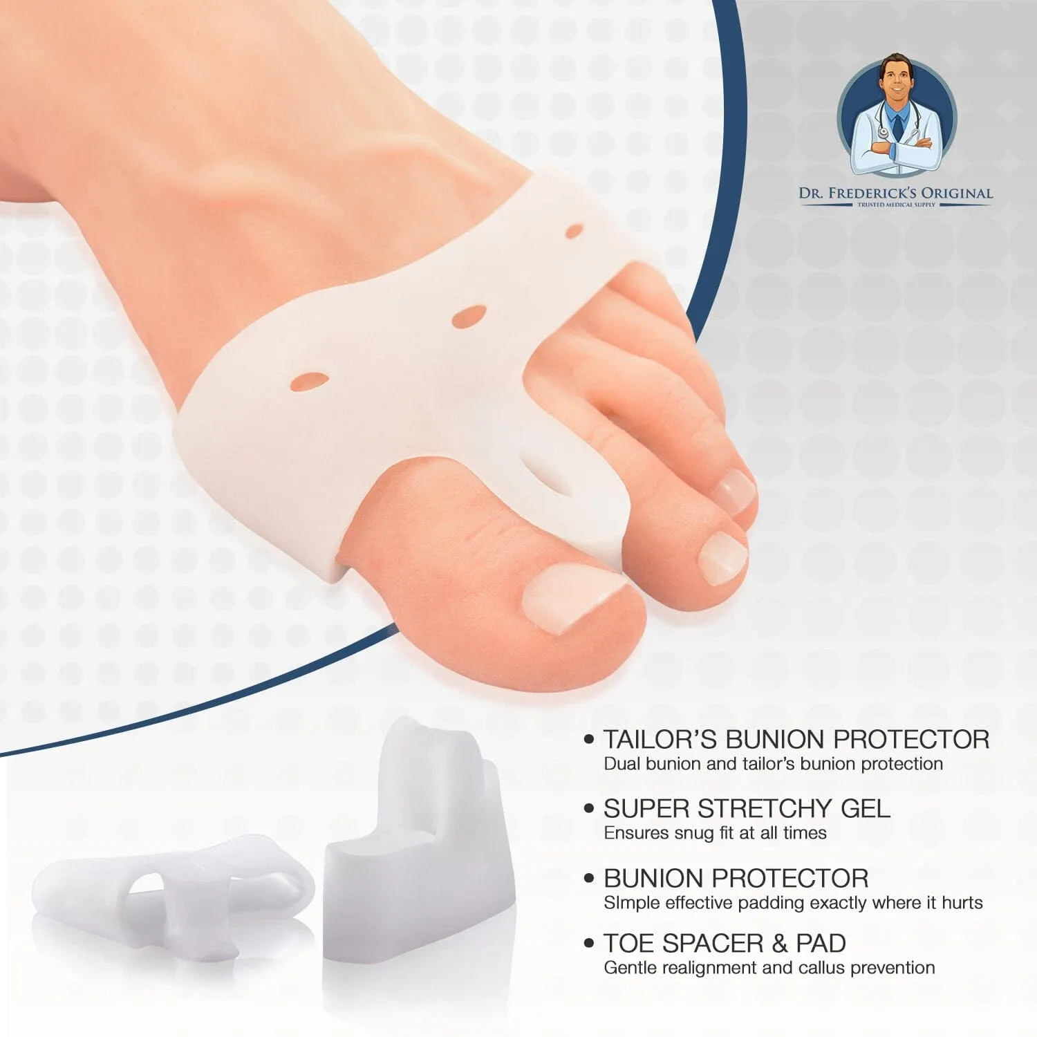 Dr. Frederick's Original Deluxe Bunion Pad & Toe Spacer - 2 Pieces - Soft Gel Toe Separators for Active People - Pain Relief for Bunions & Tailor's Bunions - Heavy Duty