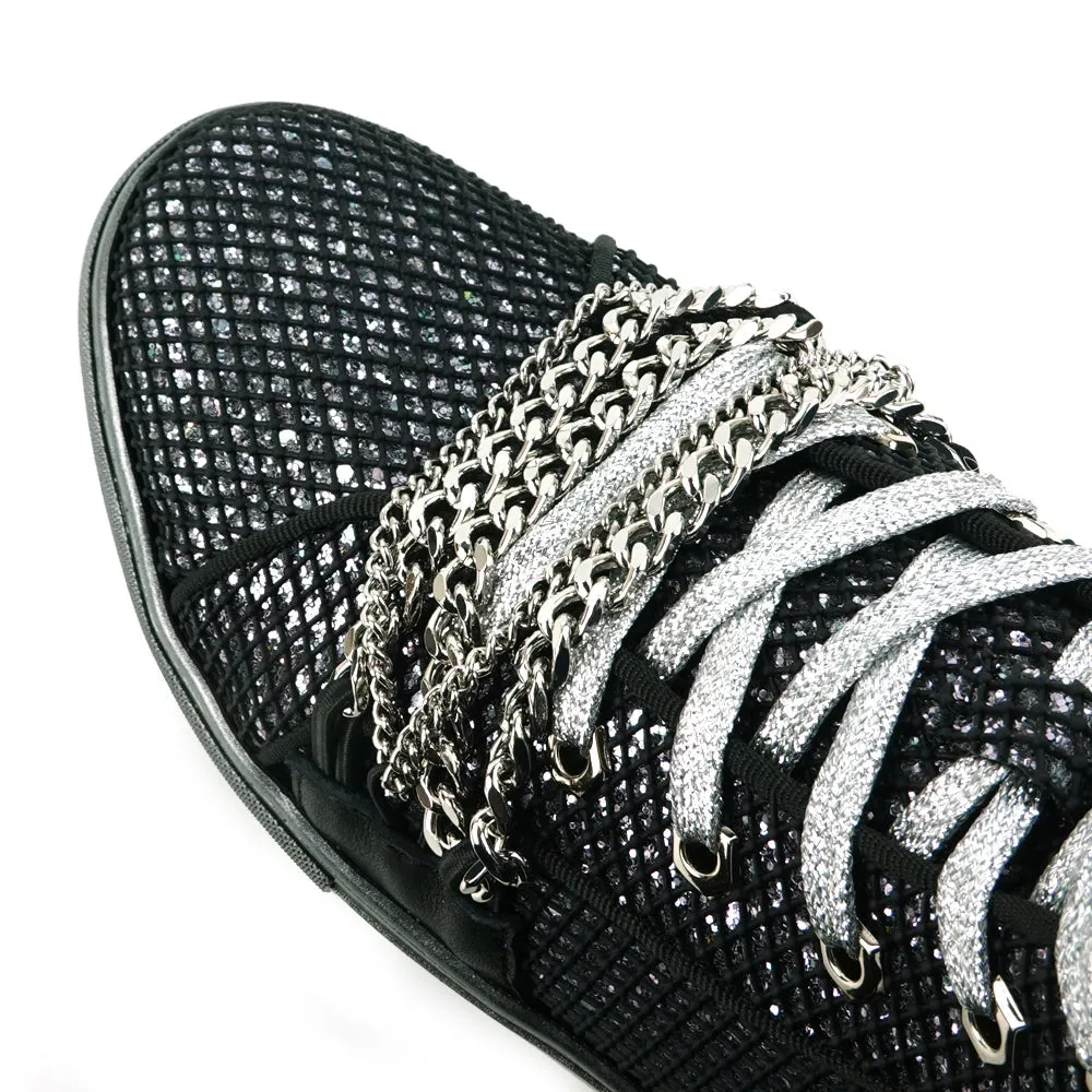 Fiesso Black Silver Chained Crystal High Top Sneakers