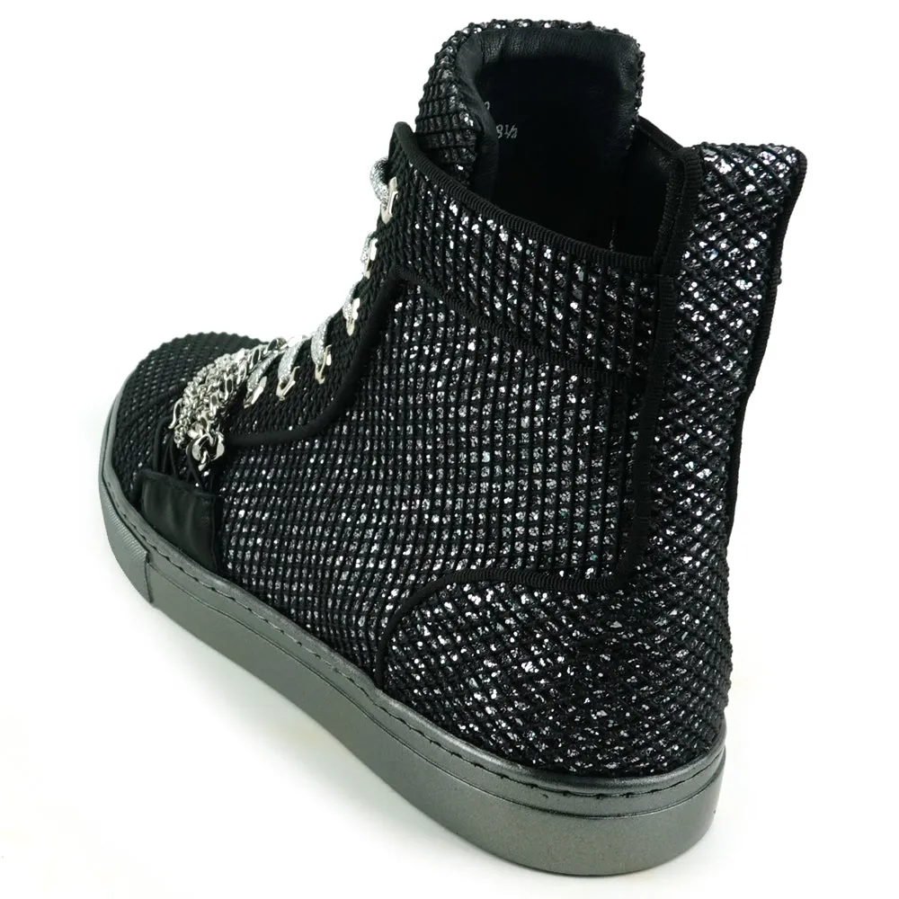 Fiesso Black Silver Chained Crystal High Top Sneakers