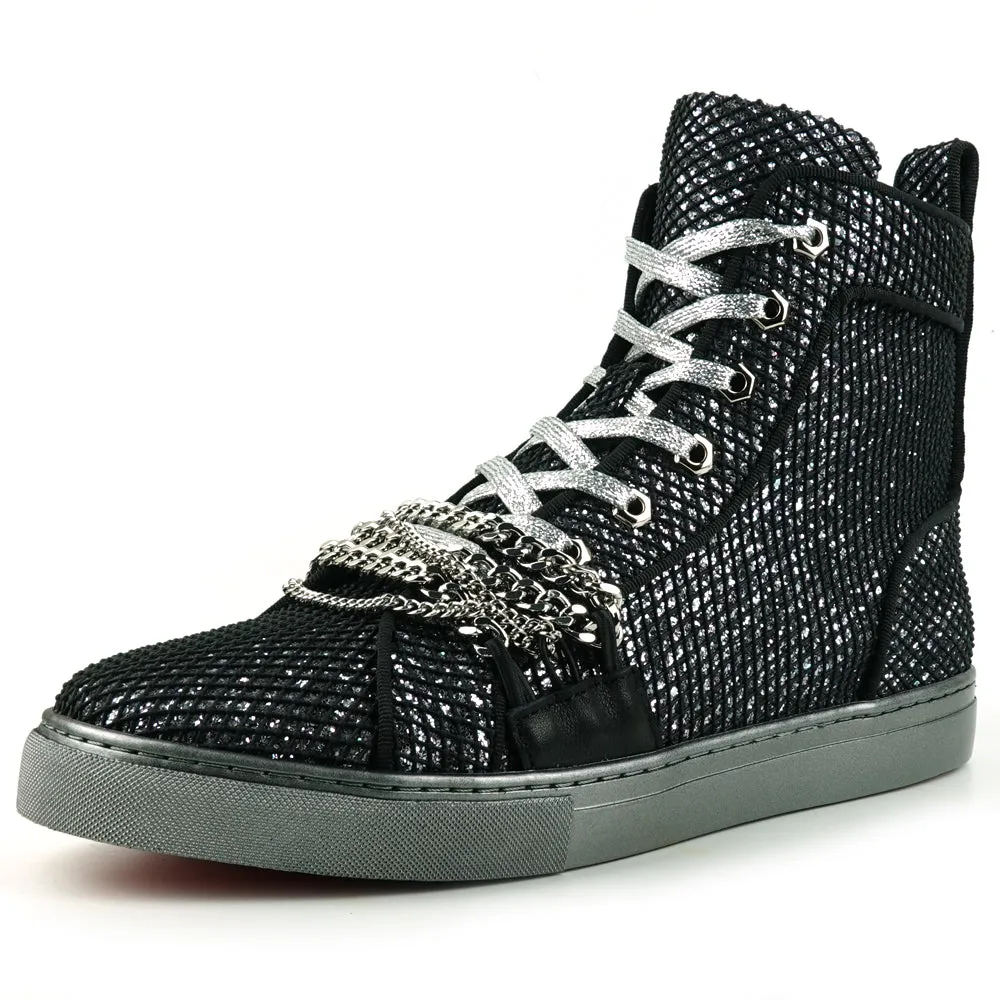 Fiesso Black Silver Chained Crystal High Top Sneakers