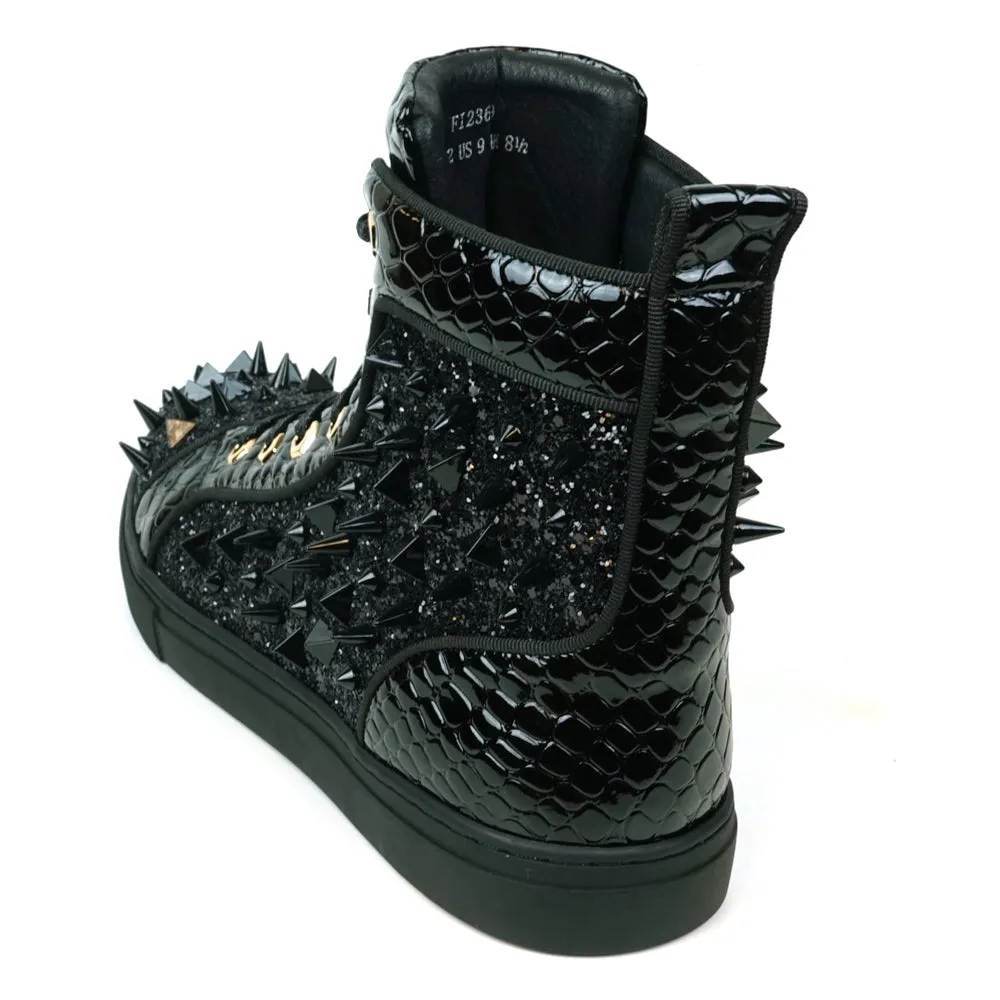 Fiesso Black Spiked Crystal High Top Sneakers