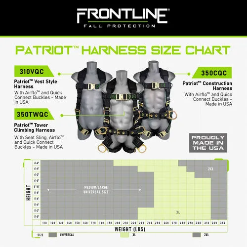 Frontline 350TWQC Patriot Tower Climbing Harness with Seat Sling, Airflo and Quick Connect Buckles - Made in USA 2XL