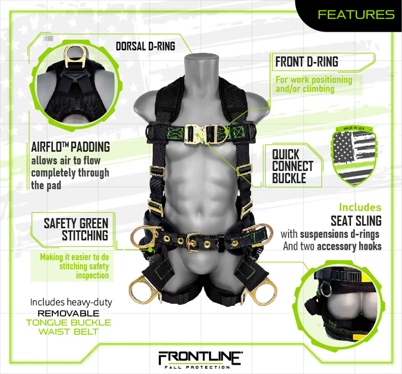 Frontline 350TWQC Patriot Tower Climbing Harness with Seat Sling, Airflo and Quick Connect Buckles - Made in USA Universal