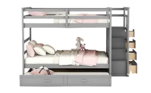 Full Over Full Bunk Bed with Twin Size Trundle and Staircase, Gray