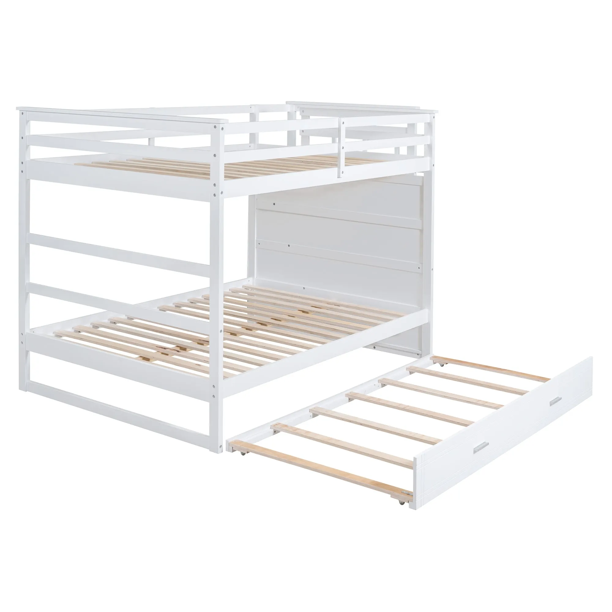 Full Over Full Bunk Bed with Twin Size Trundle and Staircase, White