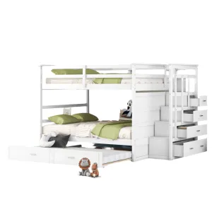 Full Over Full Bunk Bed with Twin Size Trundle and Staircase, White