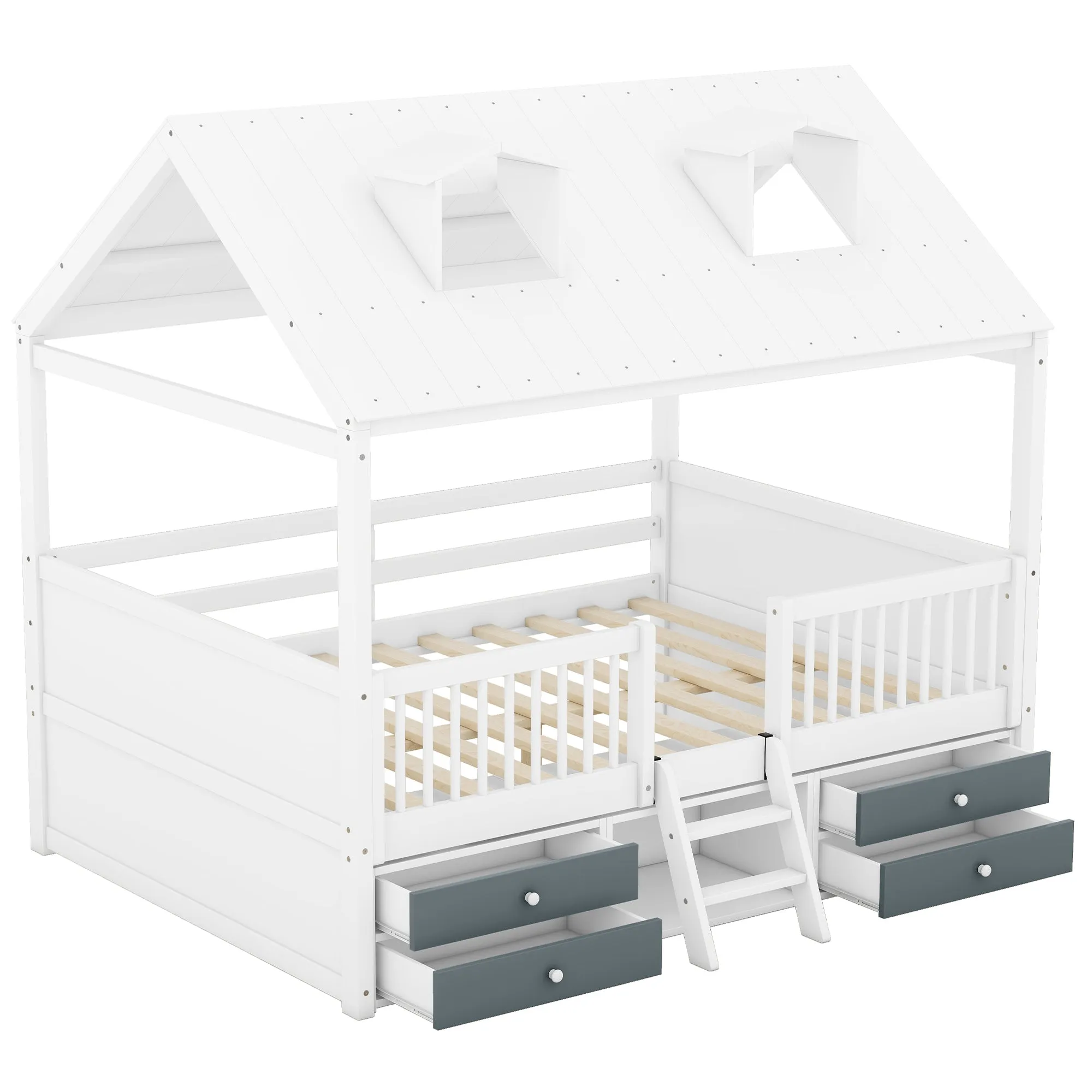 Full Size Wood Bed House Bed Frame,White