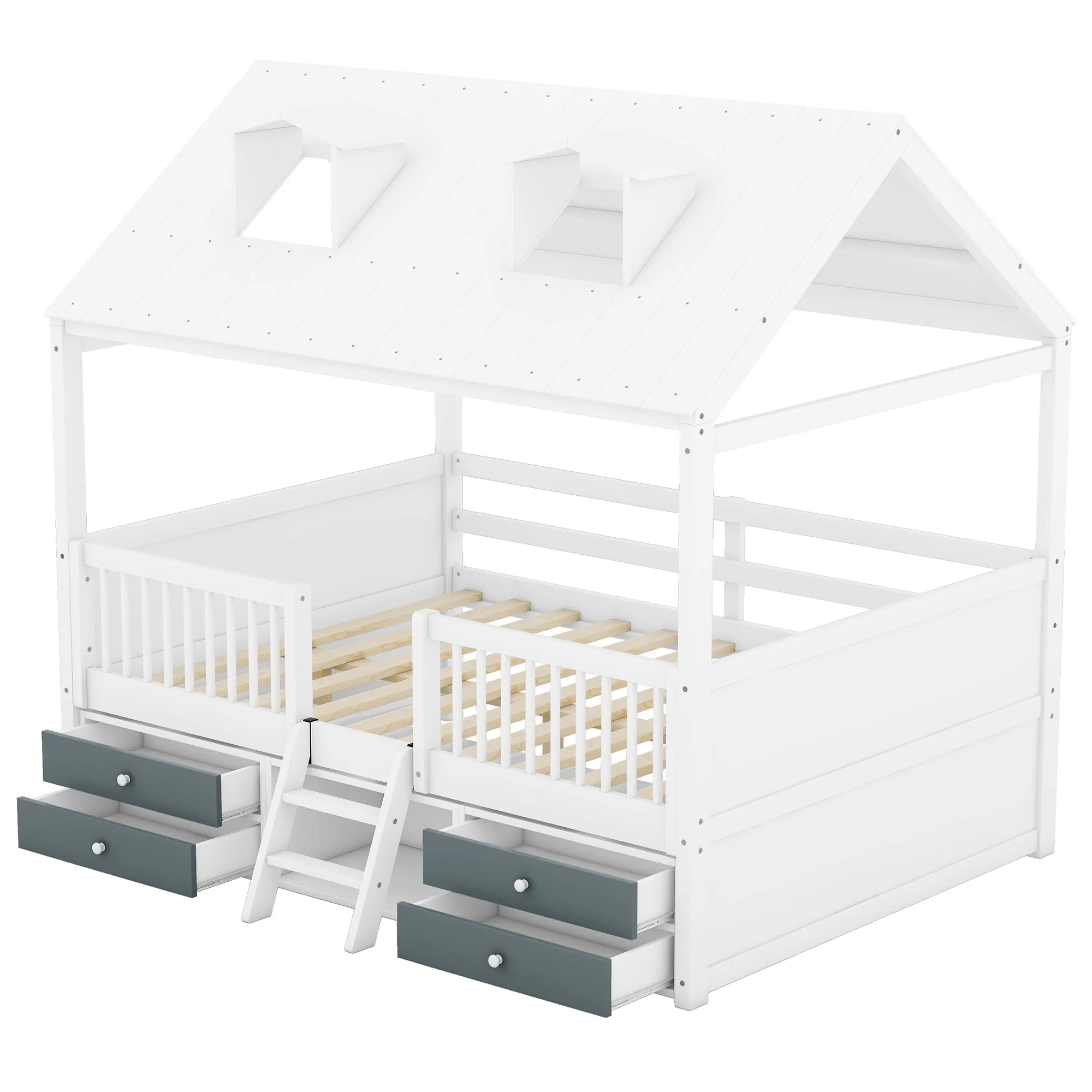 Full Size Wood Bed House Bed Frame,White