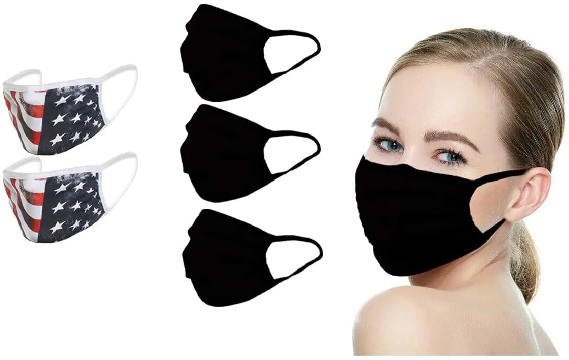 (IN STOCK) 3 Black (MADE IN USA), 2 US Flag (Made in Guatemala), Washable Reusable Anti-dust Cloth Face Mask Protection Double Layer Covering, (5 Pack)